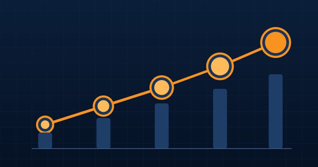 Navy and orange abstract graphic of an upward pipeline of connected stages