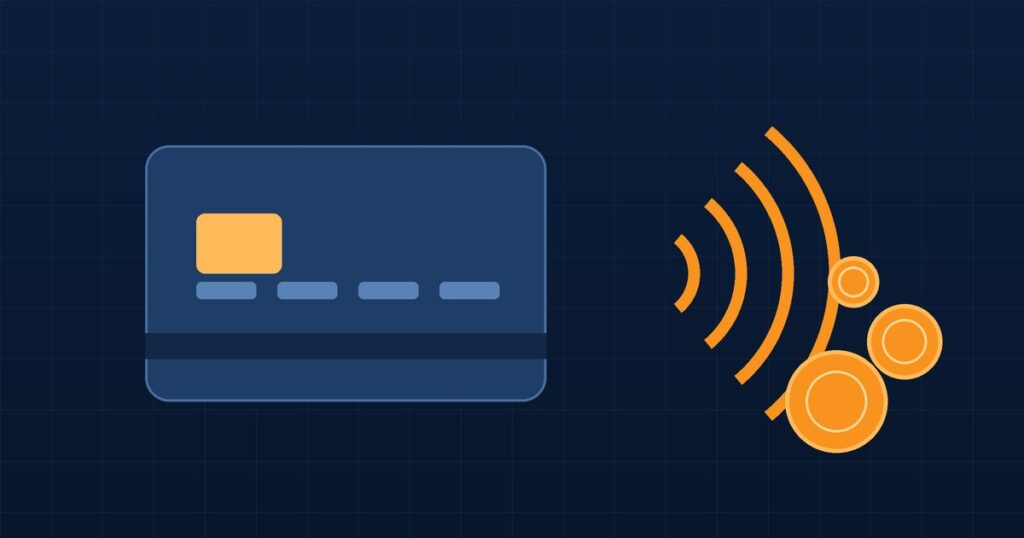 Navy and orange abstract graphic of a payment card and contactless waves