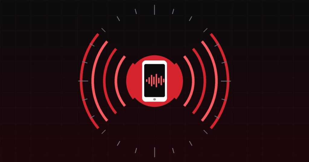 Red and black abstract graphic of a phone handset surrounded by sound waves