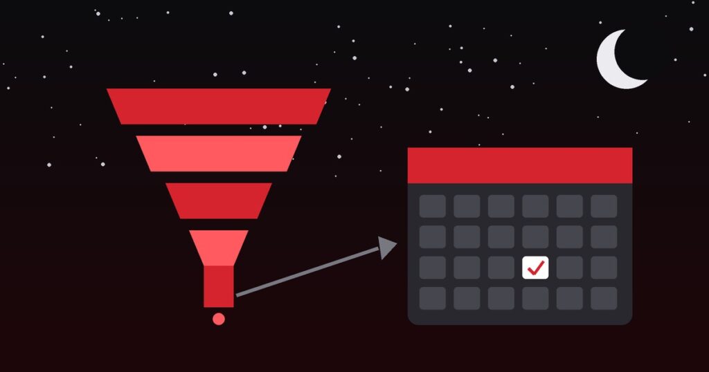 Red and black abstract graphic of a funnel feeding into a calendar under a night sky