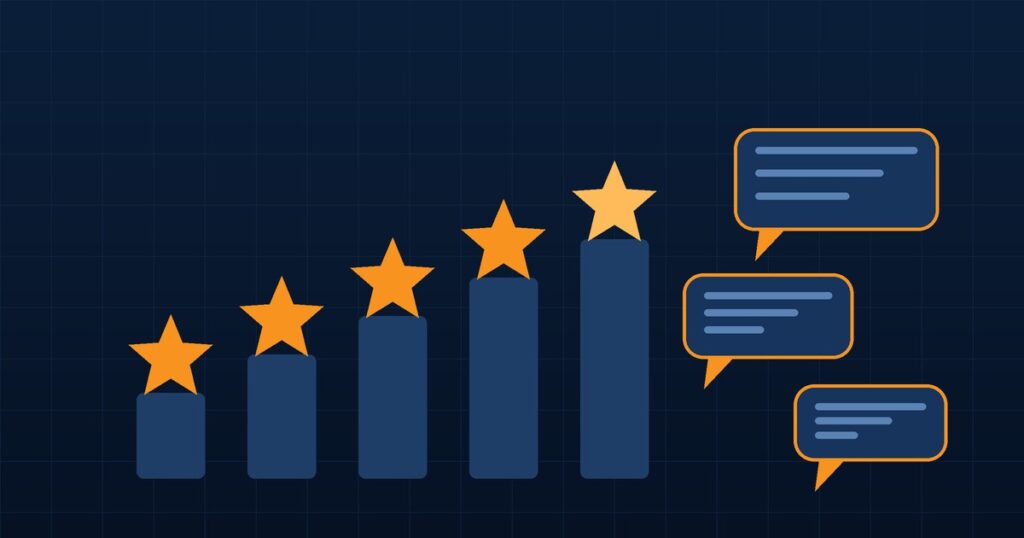 Navy and orange abstract graphic of rising star shapes and speech bubbles