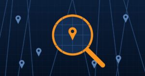 Navy and orange abstract graphic of a magnifying lens over a map grid with location pins